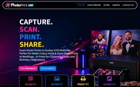 PhotoPrint LAB website design by Squirrel Media – instant event printing kiosk in Durban